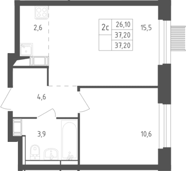 Планировка: Евродвушка 37,2 м² в ЖК «Мытищи Парк»
