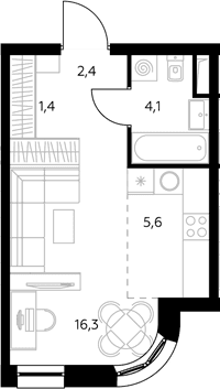 Планировка: Студия 30,2 м² в ЖК «Адмирал»