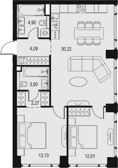 Планировка: Евротрёшка 70,1 м² в ЖК «Левел Павелецкая Сити»