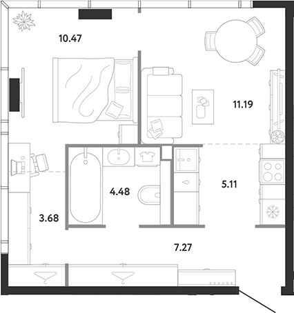 Планировка: 1-комнатная квартира 42,2 м² в ЖК «Ридж»