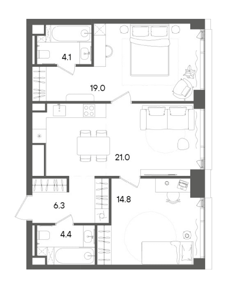 Планировка: Евротрёшка 69,6 м² в ЖК «СТОУН Грэйн»