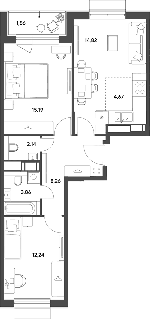 Планировка: Евротрёшка 61,2 м² в ЖК «Публицист»