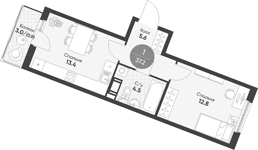 Планировка: 1-комнатная квартира 36,3 м² в ЖК «Клюква.Парк»