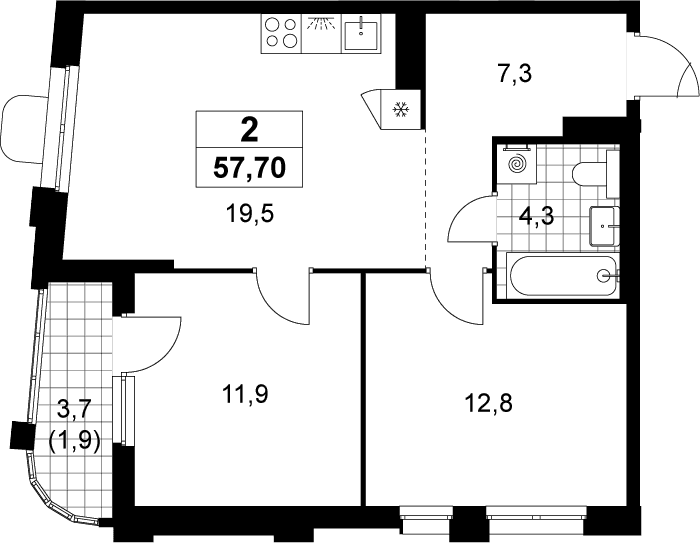 Планировка: Евротрёшка 55,8 м² в ЖК «Прокшино»