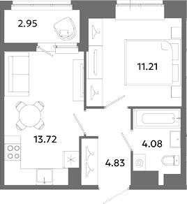 Планировка: Евродвушка 33,8 м² в ЖК «Загляденье»