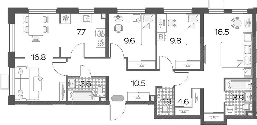 Планировка: Квартира евро-4 84,9 м² в ЖК «Лучи»