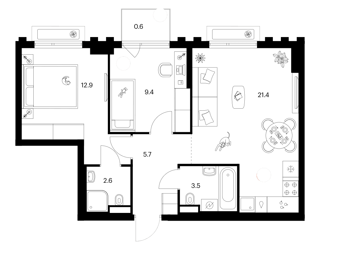 Планировка: 2-комнатная квартира 55,5 м² в ЖК «Белая Дача парк»