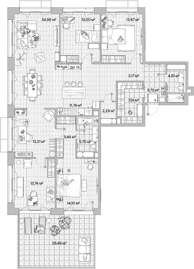 Планировка: 5-комнатная квартира 148,6 м² в ЖК «МЫС»