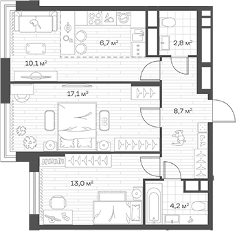 Планировка: Евротрёшка 62,6 м² в ЖК «Аристов Берег»