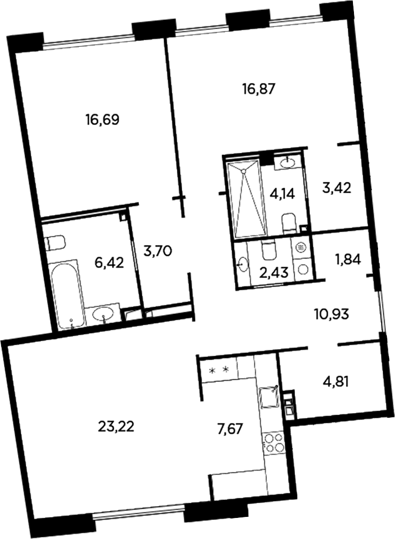 Планировка: 3-комнатная квартира 102,1 м² в ЖК «Акватория»