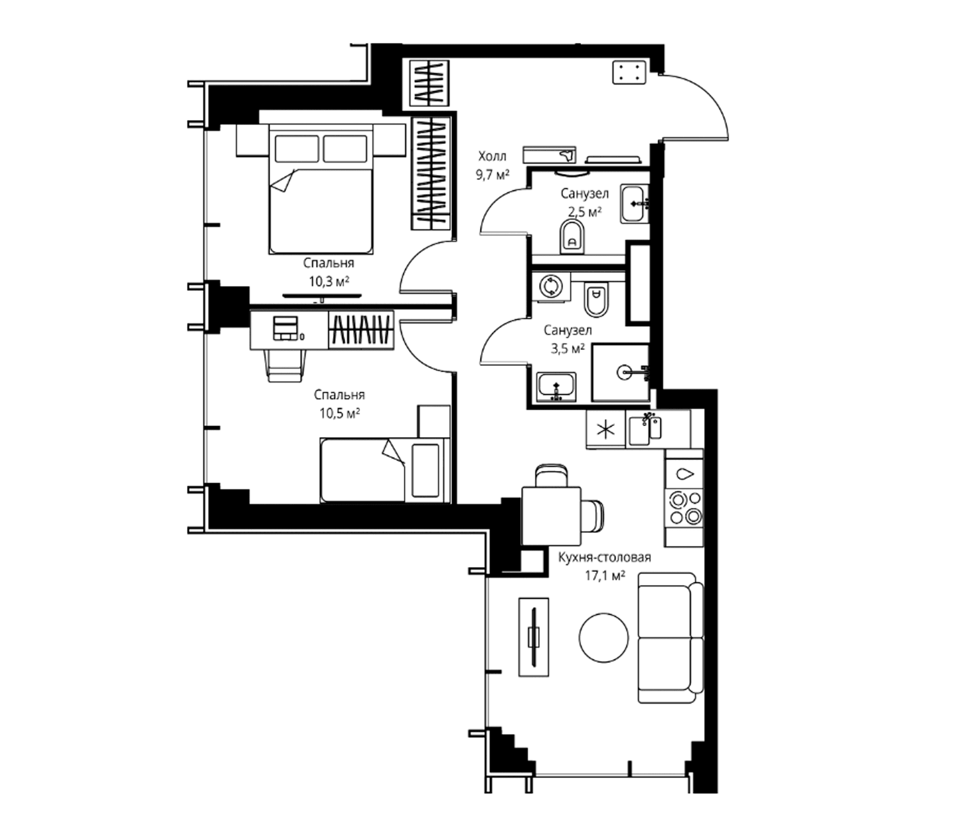 Планировка: Евротрёшка 53,6 м² в ЖК «Веер»