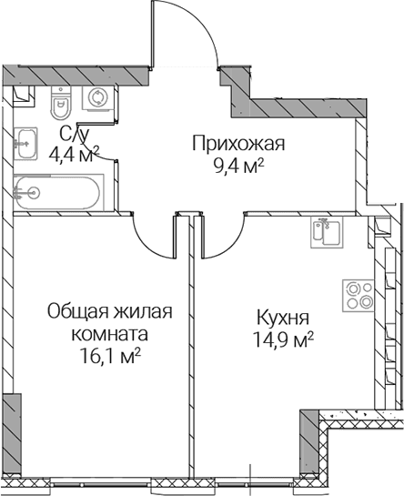 Планировка: 1-комнатная квартира 44,8 м² в ЖК «СЕЗАР СИЛИКА»
