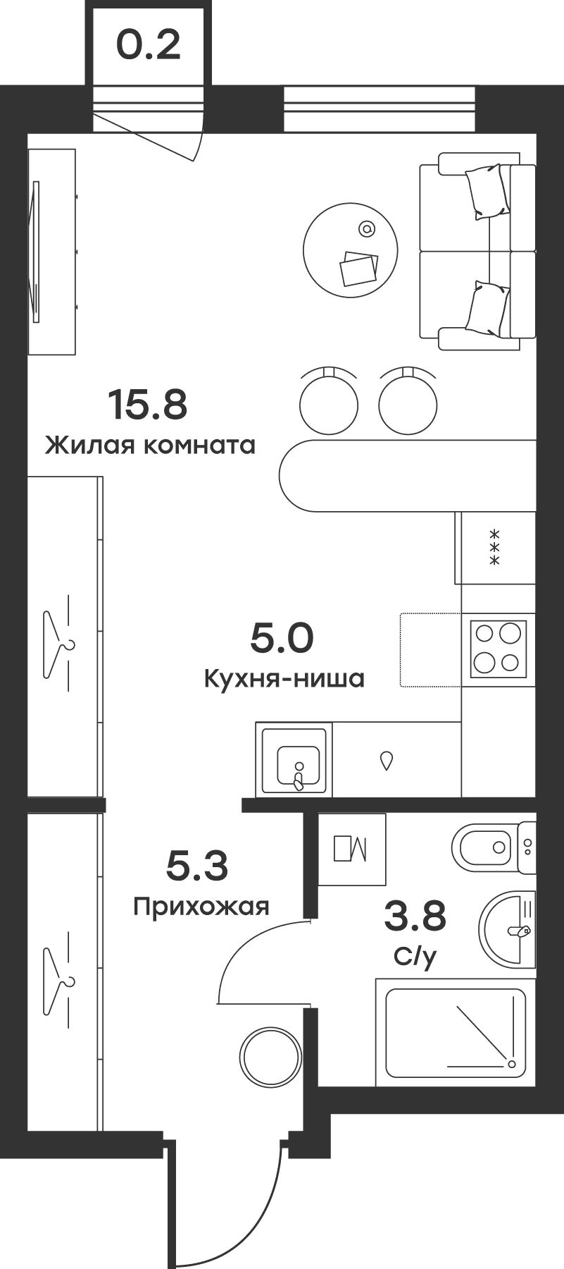 Планировка: Студия 30,1 м² в ЖК «Равновесие»