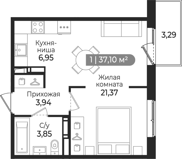 Планировка: Студия 36,1 м² в ЖК «Квинта»