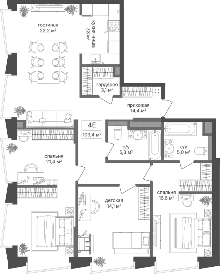 Планировка: Квартира евро-4 109,4 м² в ЖК «Петровский Парк II»