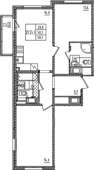 Планировка: Евротрёшка 58,1 м² в ЖК «Дыбенко парк»
