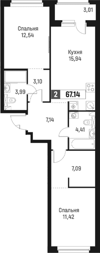 Планировка: Евротрёшка 65,6 м² в ЖК «Максималист»