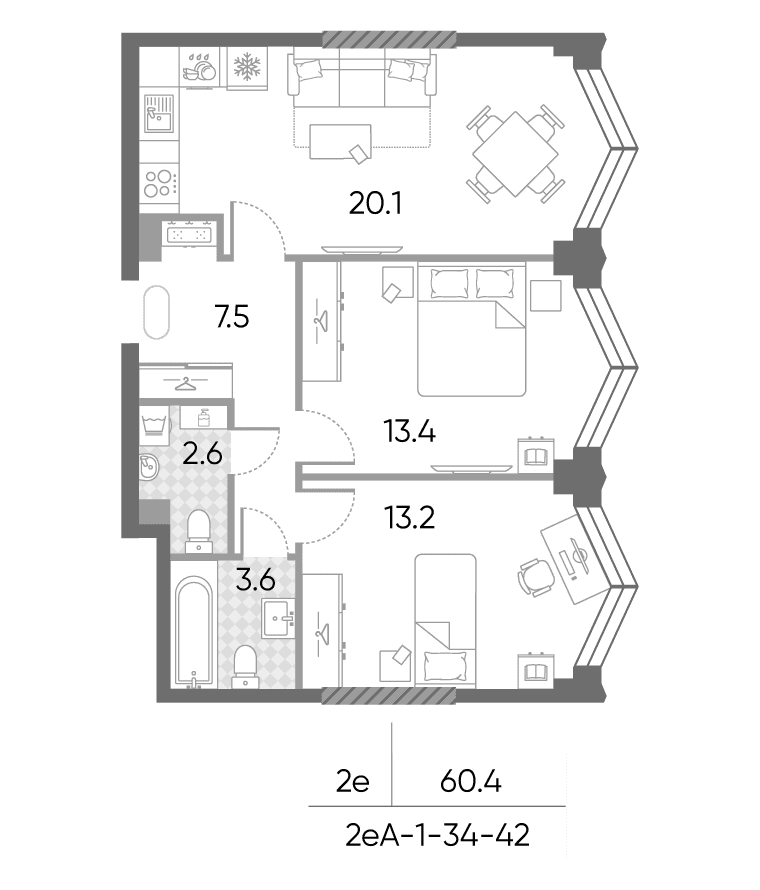 Планировка: Евротрёшка 60,4 м² в ЖК «ЗилАрт»