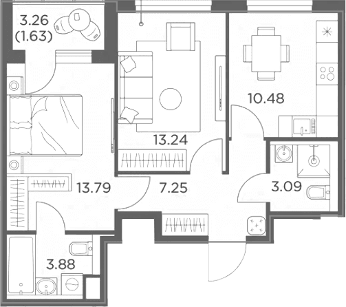 Планировка: 2-комнатная квартира 51,7 м² в ЖК «Одинград, квартал Семейный»