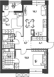 Планировка: Евротрёшка 55,8 м² в ЖК «Новый Питер»