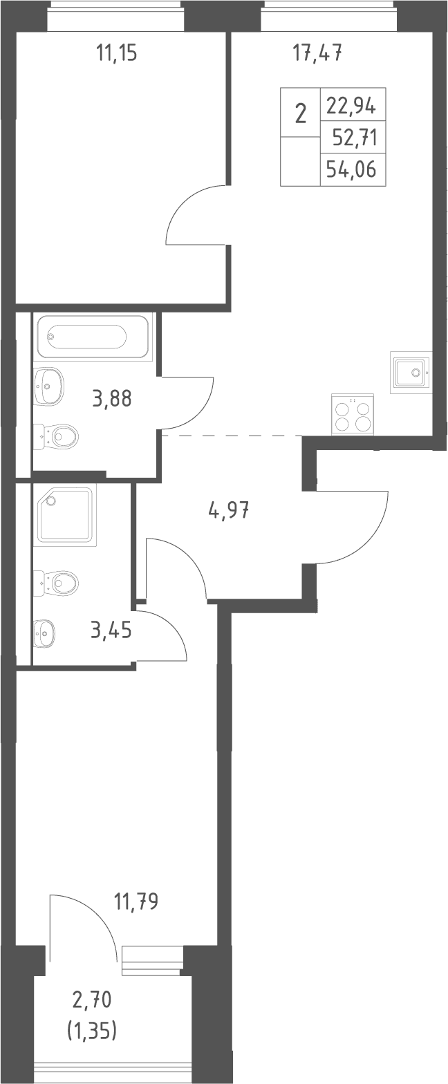 Планировка: Евротрёшка 52,7 м² в ЖК «Большое Юрлово»