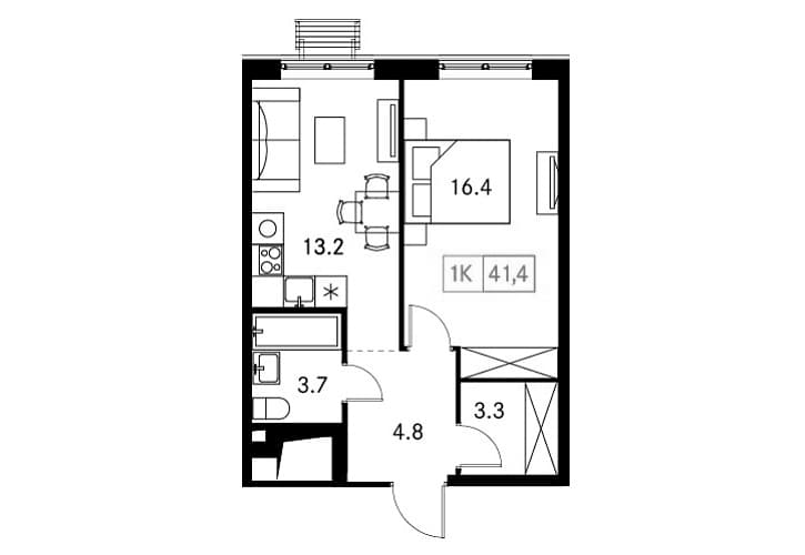 Планировка: 1-комнатная квартира 41,4 м² в ЖК «Новый Зеленоград»