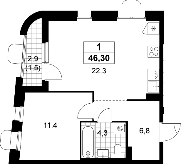 Планировка: Евродвушка 44,8 м² в ЖК «Прокшино»