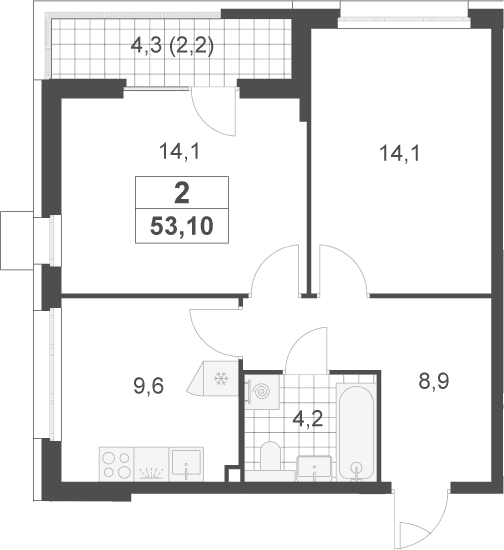 Планировка: 2-комнатная квартира 50,9 м² в ЖК «Скандинавия»