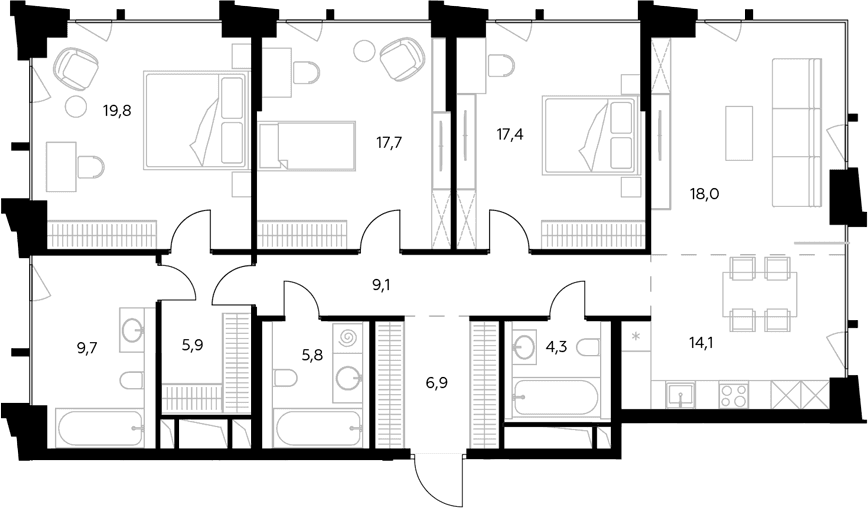 Планировка: Квартира евро-4 128,7 м² в ЖК «Монблан»