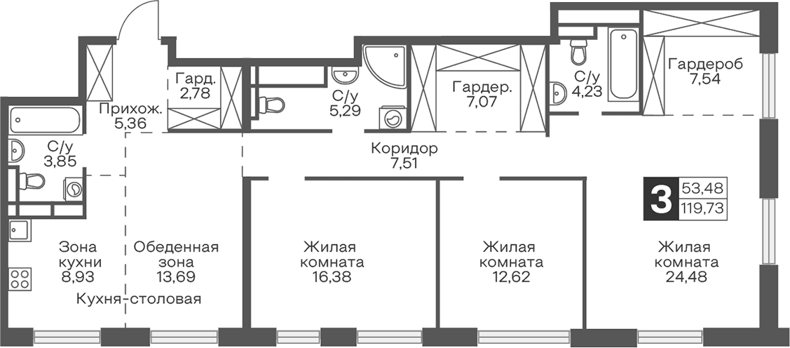 Планировка: Квартира евро-4 119,7 м² в ЖК «Гранель Тринити»