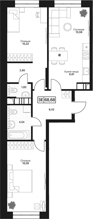 Планировка: Евротрёшка 68,7 м² в ЖК «Пушкино Град»