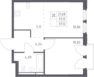 Планировка: Евродвушка 37,1 м² в ЖК «Космический Квартал»