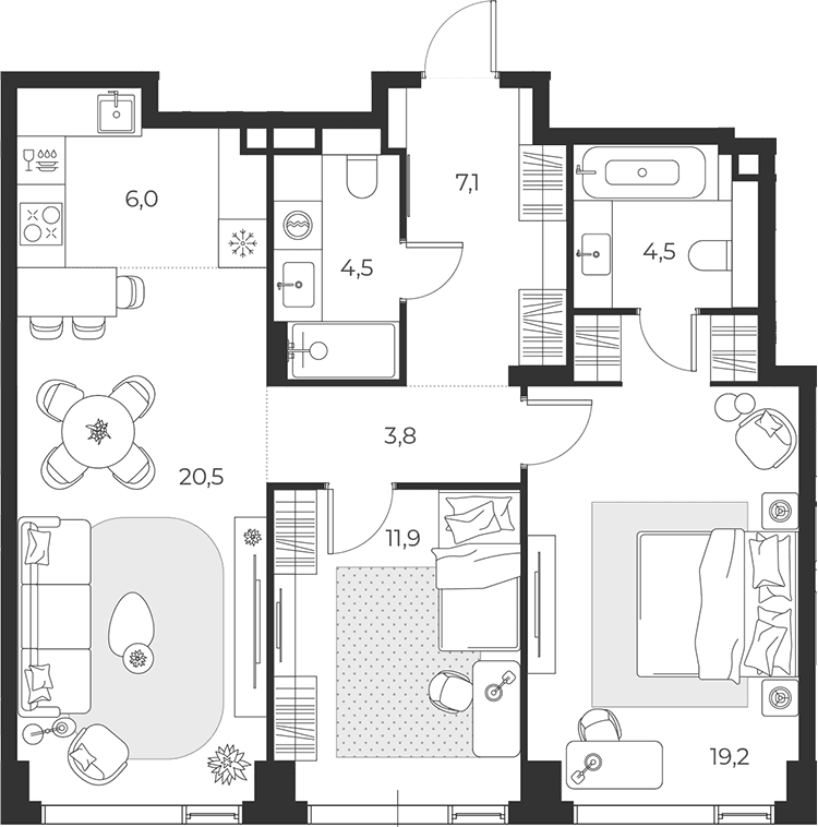 Планировка: Евротрёшка 77,5 м² в ЖК «МАСТЕРС»