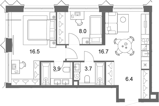 Планировка: Евротрёшка 55,2 м² в ЖК «ОМ Ботанический»