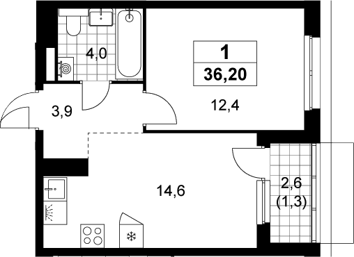 Планировка: 1-комнатная квартира 34,9 м² в ЖК «Деснаречье»
