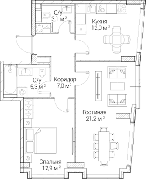 Планировка: 2-комнатная квартира 61,3 м² в ЖК «СЕЗАР БУДУЩЕЕ»