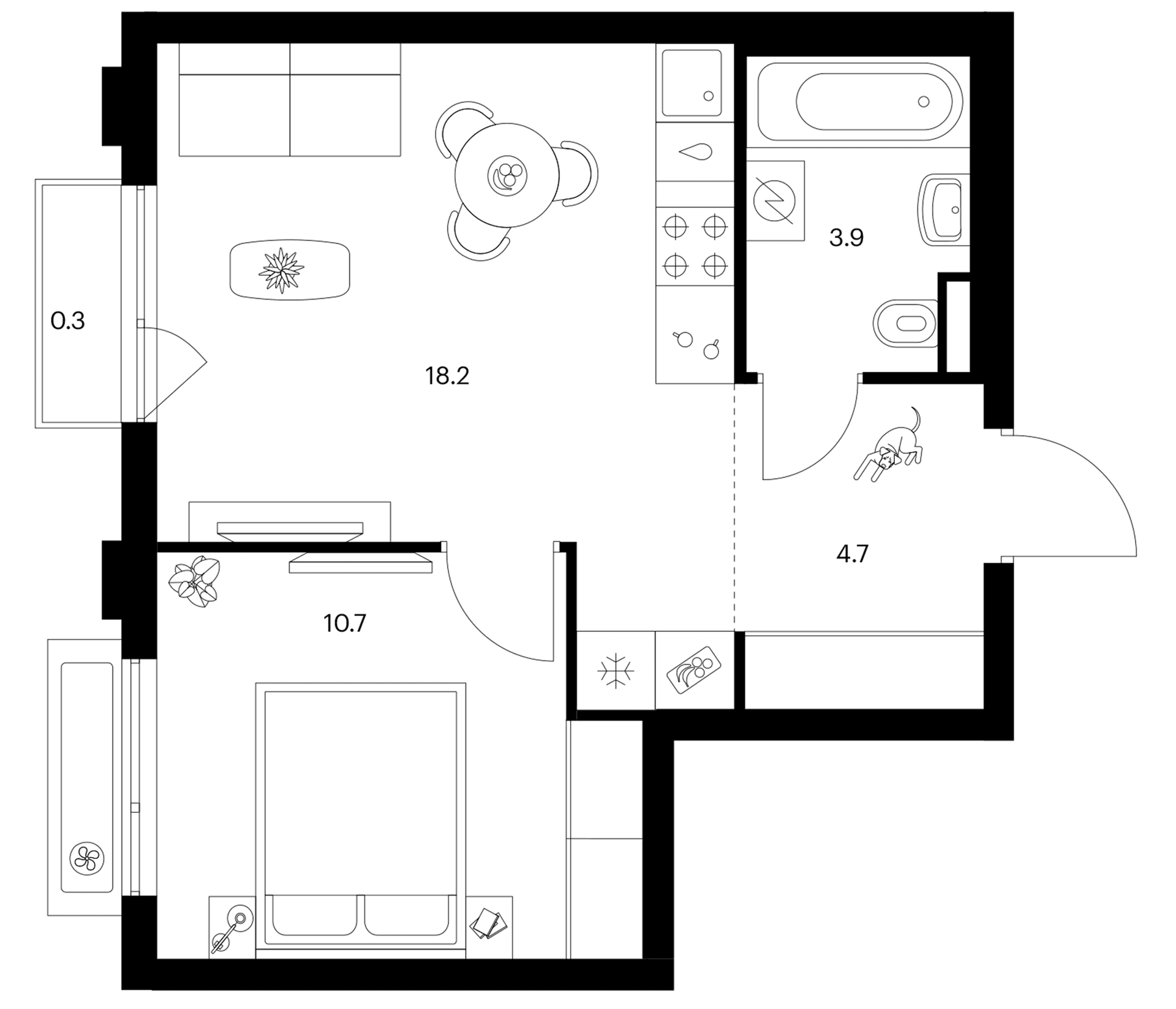 Планировка: 1-комнатная квартира 37,5 м² в ЖК «Белая Дача парк»