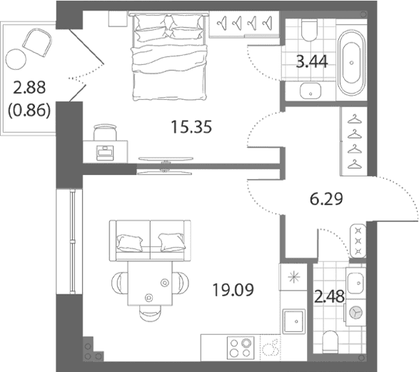 Планировка: Евродвушка 46,7 м² в ЖК «Нева Арт»