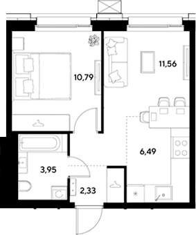 Планировка: Евродвушка 35,1 м² в ЖК «ЭВО»