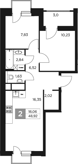 Планировка: Евротрёшка 47,4 м² в ЖК «Восток 2»