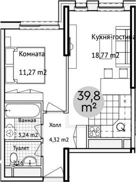 Планировка: Евродвушка 39,8 м² в ЖК «Адрес»