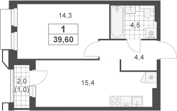 Планировка: Евродвушка 38,6 м² в ЖК «Южные сады»