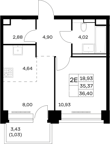 Планировка: Евродвушка 35,4 м² в ЖК «НОВА»