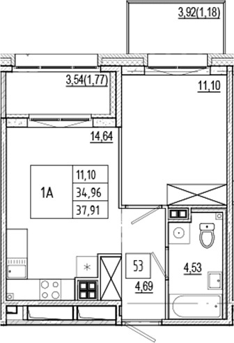 Планировка: Евродвушка 35 м² в ЖК «Ranta Residence»