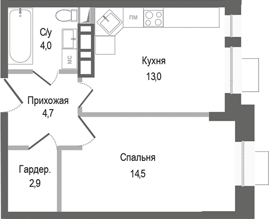 Планировка: 1-комнатная квартира 39,1 м² в ЖК «Киноквартал»