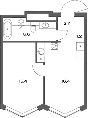 Планировка: Евродвушка 42,3 м² в ЖК «Акценты»