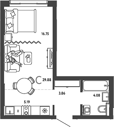 Планировка: Студия 29,9 м² в ЖК «Страна.Парковая»