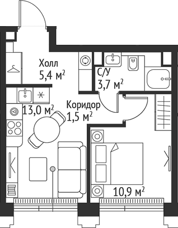 Планировка: 1-комнатная квартира 34,5 м² в ЖК «СЕТ»