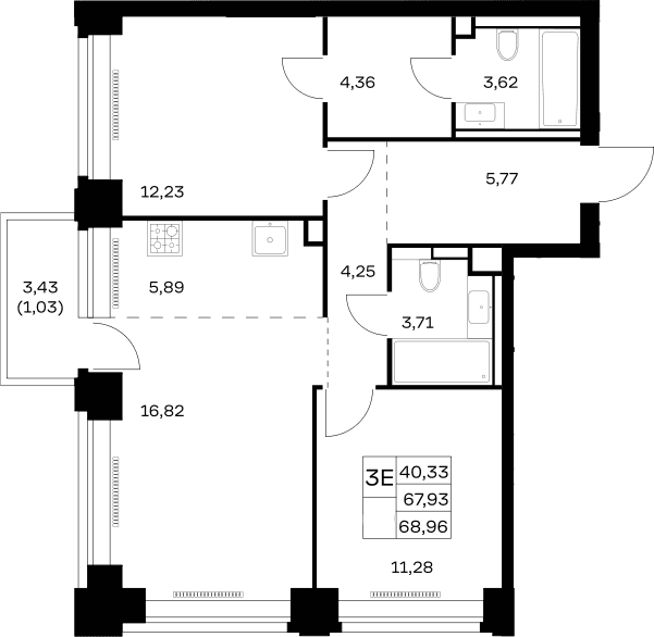Планировка: Евротрёшка 67,9 м² в ЖК «НОВА»
