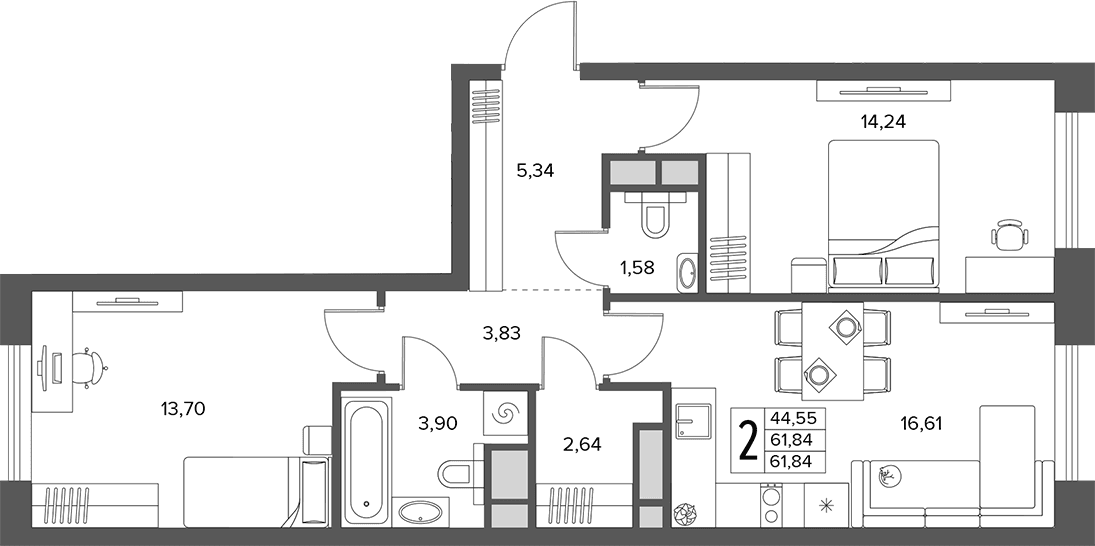 Планировка: Евротрёшка 61,8 м² в ЖК «Городской бор»